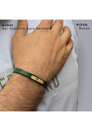 Archin Kova Burçlarına Dikdörtgen Motifli Yeşil Derili 14 Ayar Altın Plakalı Hediye Bileklik-371burç Kova
