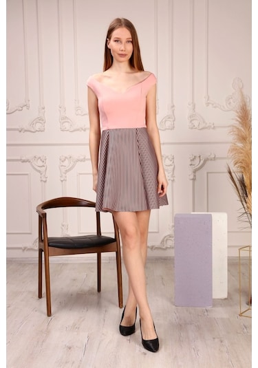 Aymeravm - Eteği Çizgili Kadın Elbise - Gsp3106Ga Pudra