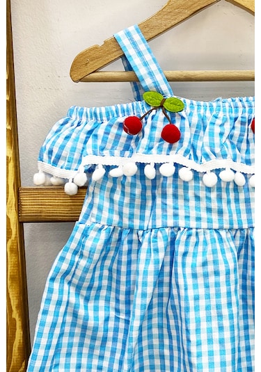 Kız Çocuk Askılı Elbise Dantelli Ekose Desenli B14 Mavi