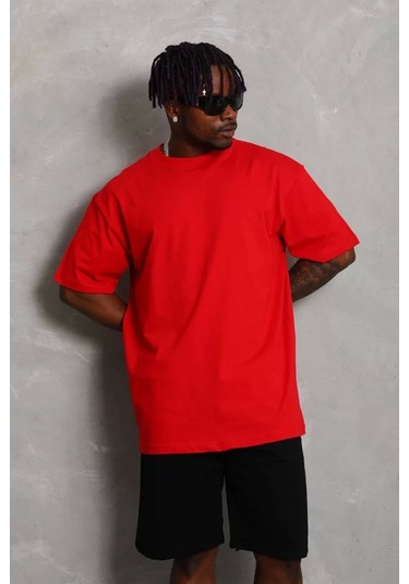Unisex Oversize Düz Bisiklet Yaka T-shirt - Kırmızı Kırmızı