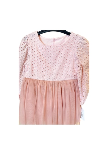 Kız Çocuk Altı Tüllü Üstü Güpürlü Elbise-12684-pudra Pudra