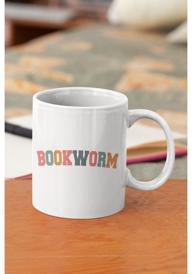 Renkli Bookworm Baskılı Kitap Severler İçin Özel Hediyelik Kupa Bardak Beyaz
