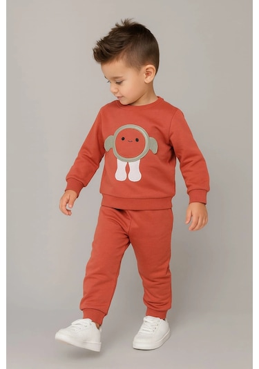 Erkek Çocuk Nakışlı İki Parça Eşofman Takımı %100 Pamuk Kiremit