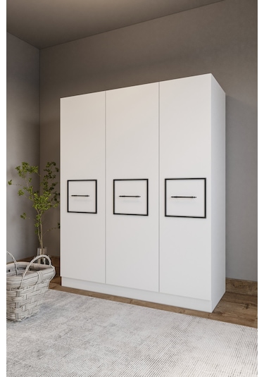 Merlin Mobil Zarif 3 Kapaklı 8 Bölmeli Siyah Şeritli Beyaz Dolap