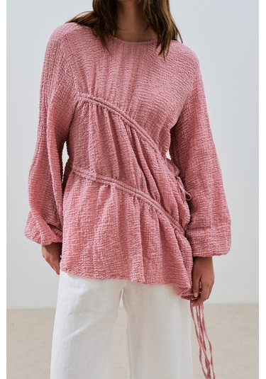 Büzgü Bağlamalı Dokulu Tunik Pembe Pembe