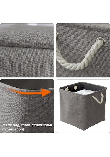 Leezsing Büyük Katlanabilir Kumaş Keten Saklama Kutuları 3'lü Set Raflar, Dolaplar İçin Keten Halat Saplı Katlanabilir Sağlam Dikdörtgen Sepetler Gri Renk