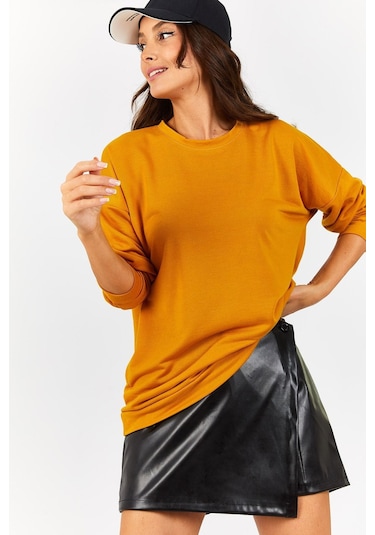 Armonika Kadın Hardal Yuvarlak Yaka Oversize Sweatshirt Arm-22k024027