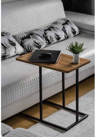 Metal Yan Sehpa Ahşap Raflı Koltuk Yanı Servis Sehpası C Sehpa