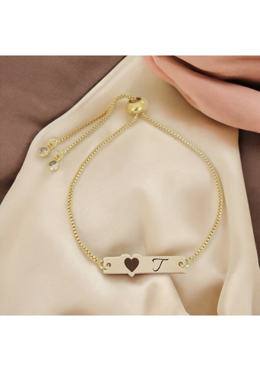 Archin T Harfine Özel 14 Ayar Altın Plakalı Zincirli Kalp Motifli Hediye Bileklik-432harf T