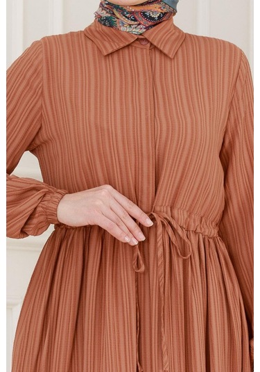 Gömlek Yaka Beli Tünelli Sare Elbise-kiremit-5070 Kiremit