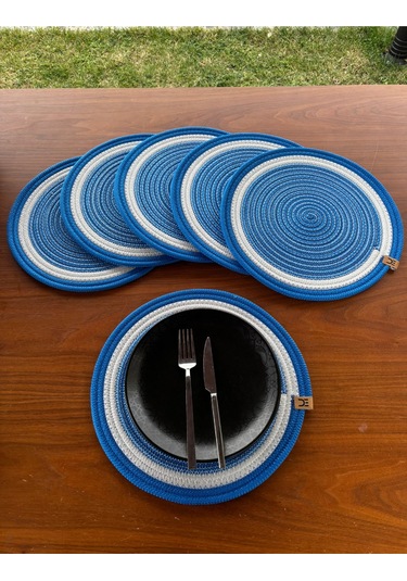 6 Lı Yuvarlak Supla Takımı Kolay Temizlenebilir, Modern Sofralar İçin Beyaz - Mavi