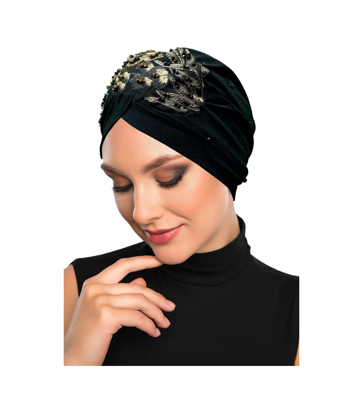 Kopma Astarlı Işlemeli Siyah Sırma Motifli Hazır Türban Tesettür Abiye Bone Siyah Sırma