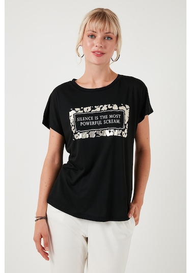 Lela Baskılı Bisiklet Yaka Regular Fit Bayan T Shirt 6671007 Siyah Lela Baskılı Bisiklet Yaka Regular Fit Bayan T Shirt 6671007 Siyah