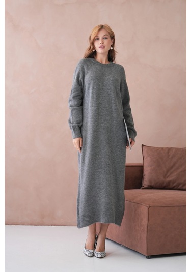 Kadın Bisiklet Yaka Yumuşak Dokulu Maksi Boy Şardonlu Oversize Triko Elbise 8324sw Antrasit
