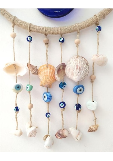 Hdmarketim Nazar Boncuklu Hasır Deniz Kabuklu Duvar Süsü Rüzgar Çanı 11319 Mavi