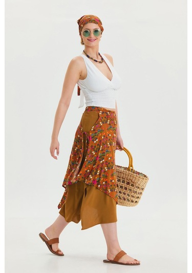 Bağlama Detaylı Beli Lastikli Salaş Etek Hardal