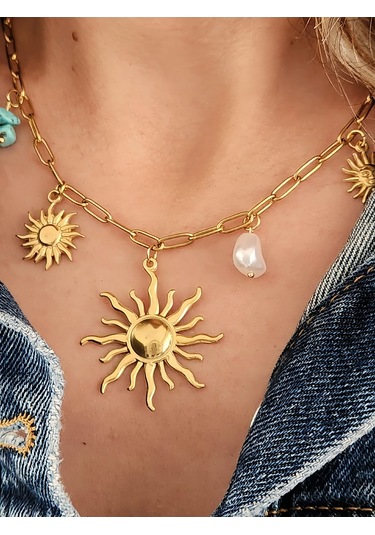 Güneş İnci Firuze Taş Model Charmlı Yaz Beach Plaj Tatil Kolye 46cm Gold