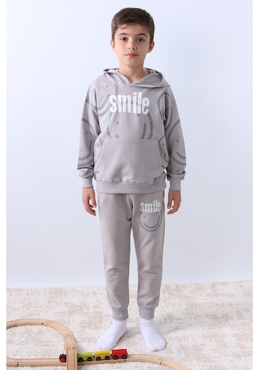 Erkek Çocuk Kapşonlu Eşofman Takımı Smile Baskılı Ribanalı F11 Gri