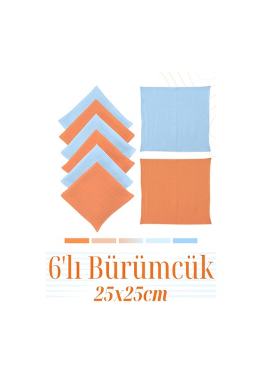 Bürümcük 25x25cm Bebek Ağız Bezi Ter Bezi 6'lı K-m Kiremit - Mavi