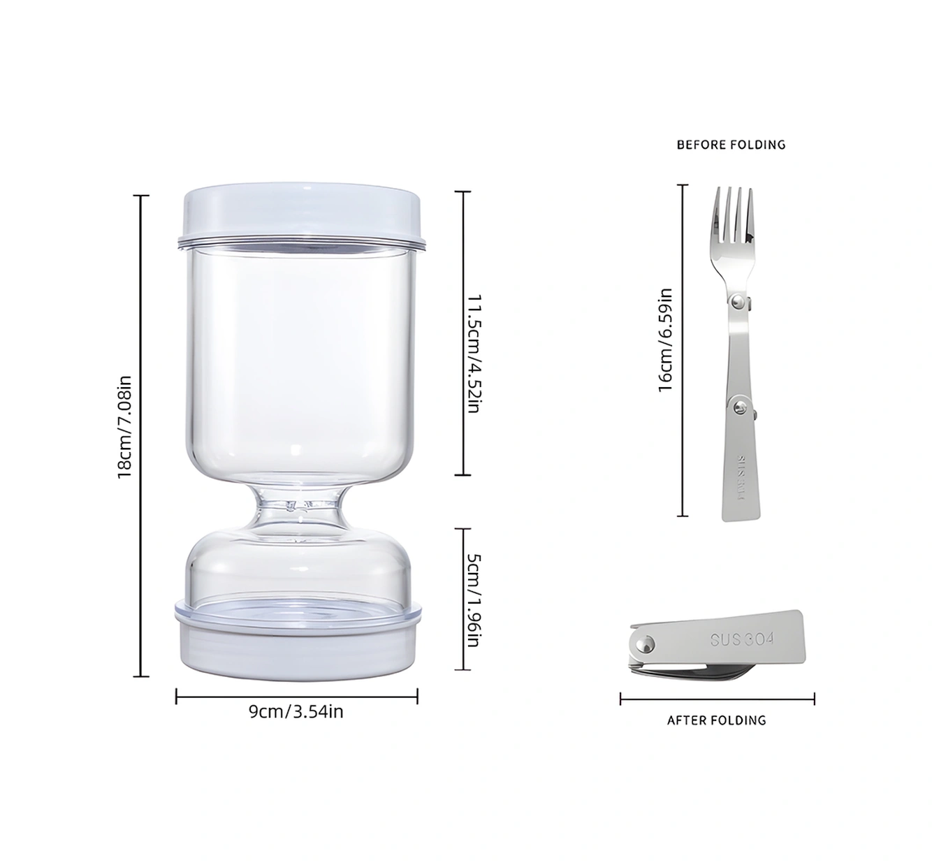 Youtek Beyaz Plastik 800ml Gıda Depolama Kavanozu, Islak-kuru Ayrımı, Görünür Kapak, Katlanabilir Çatal, Ev Ofis Mutfak Tuzlama Salata Sosu İçin Beyaz