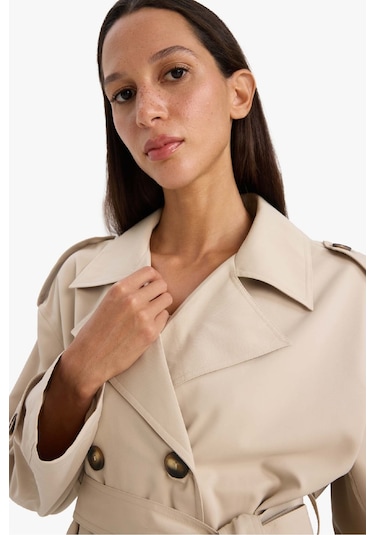 Defacto Regular Fit Cepli Kemerli Kısa Trençkot E8581ax25aubg501 Bej
