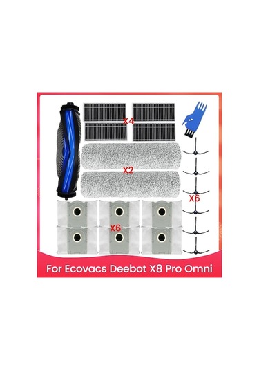 Flybuy Ecovacs Deebot X8 Pro Omni Robot Süpürge Kiti: 1 Ana Fırça, 2 Paspas, 4 Hepa Filtre, 6 Toz Torbası, 6 Yan Fırça