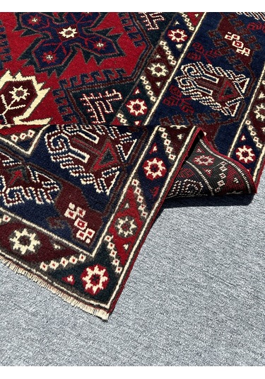 El Dokuma Döşemealtı Halısı 118x190 Kırmızı Lacivert Yün Halı Kırmızı