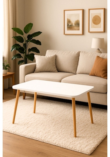 Dekoratif Orta Sehpa Ahşap Ayaklı Şık Tasarım Beyaz