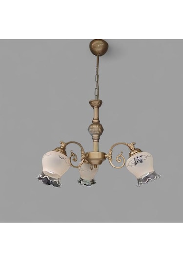 Çicek Kol Üç Kollu Metal Zamak Avize Eskitme Statik Boyalı Mat Somon Rengi Camlı Bal - Eskitme