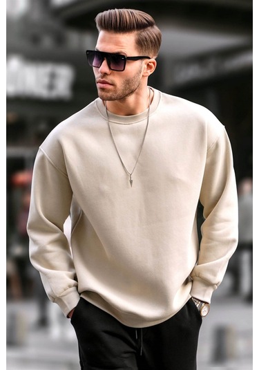 Bej Bisiklet Yaka Oversize Şardonlu Basic Erkek Sweatshirt 6048 Bej