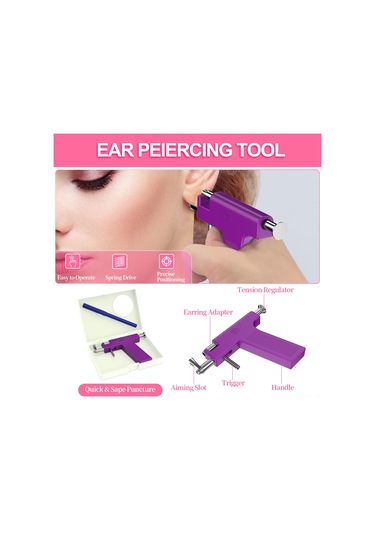 Qingmipy Profesyonel Kulak Delme Seti Mor - Güvenli Ve Kolay Kullanım, 1 Kulak Delme Aleti + Ayna Kutusu + İşaret Kalemi + 138 Adet Pırlanta Ve Silikon Tıkamaçlar