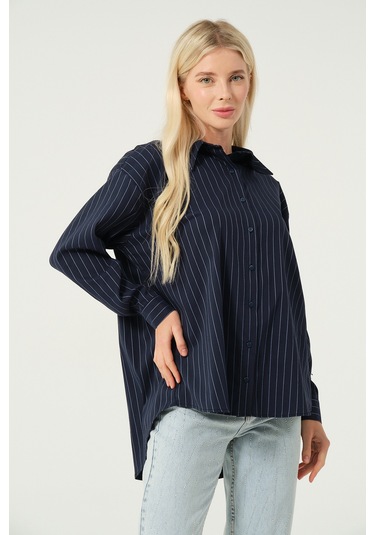 Basic Oversize Çizgili Gömlek Lacivert