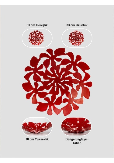 Daisy Dekoratif Metal Meyvelik, Metal Kase, Tabak 33cm - Kırmızı