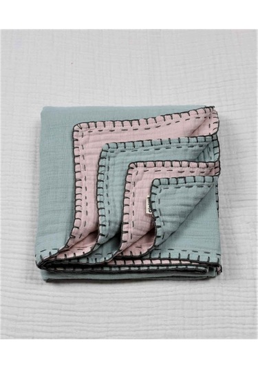 Cigit Müslin Çift Taraflı El İşili Bebek Battaniye Yıkanmıştır 100x100 Cm Mint Pudra Mint Yeşili