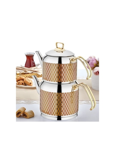 Sıla Dekorlu Gold Çelik Çaydanlık Takımı Seti No 4