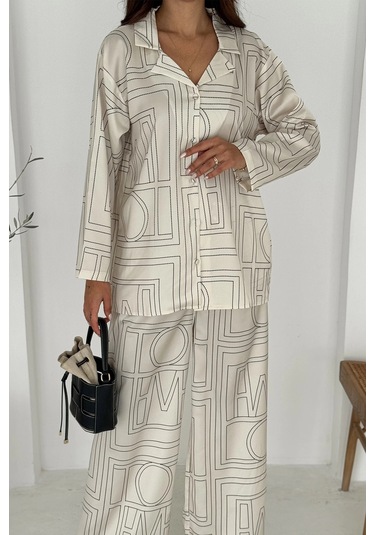 Geometrik Desen Modal Saten Takım Beyaz Beyaz