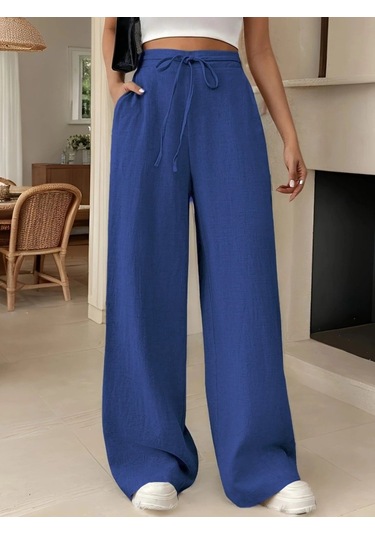 Gülsüm Aydın Kadın Yüksek Bel Bağcıklı Geniş Paçalı Uzun Bürümcük Pantolon Mavi
