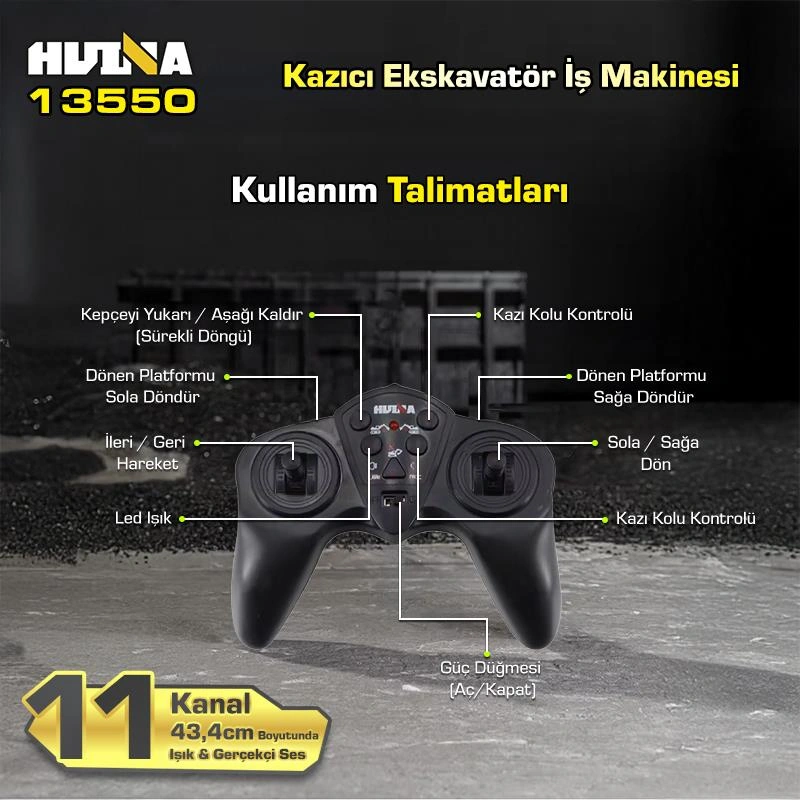 Huına Kaliwo 13550 1/18 11ch Kazıcı Ekskavatör İş Makinesi İnşaat Uzaktan Kumandalı Rc Model Metal Kepçeli Sarı - 2.4ghz Gerçekçi Similasyon Ses Ve Işık Sistemi