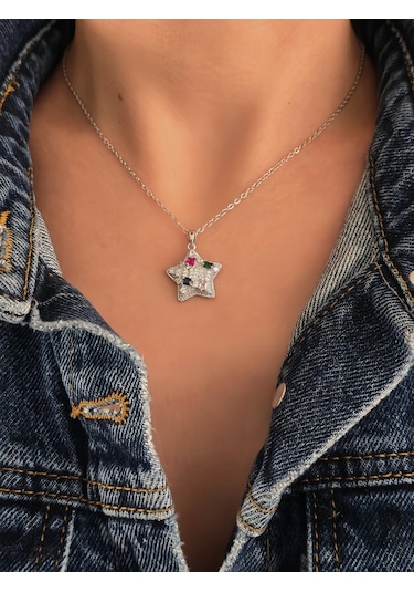 Eva Takı Store Yıldız Model Renkli Zirkon Taşlı Silver Renk Kolye Silver