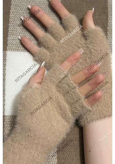 Peluş Kesik Parmak Eldiven Bej2