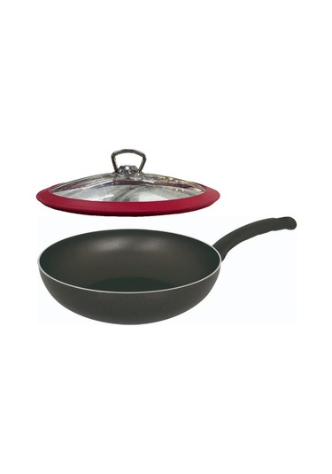 Mehtap Teflon Wok Tava - 24 Cm Cam Kapaklı Siyah