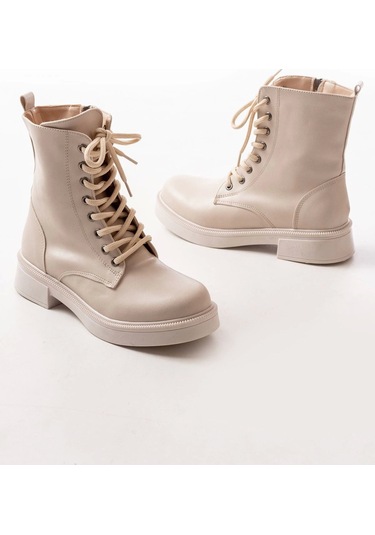 Bej Düz Topuklu Bağcıklı Fermuarlı Günlük Kadın Bot Bej