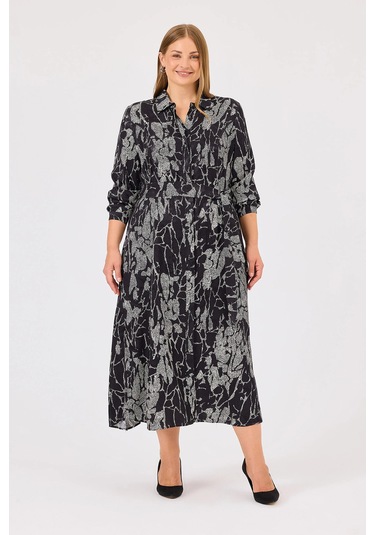 Galaxi Kadın Büyük Beden Desenli Cep Detaylı Elbise 4015 Siyah Siyah