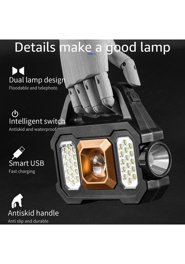 Tenfowee Güneş Enerjili 500 Lumen Led Fener, Su Geçirmez Çok Fonksiyonlu El Feneri, Usb Şarj Cihazı, Cob Yan Işık - Altın 2205a Altın