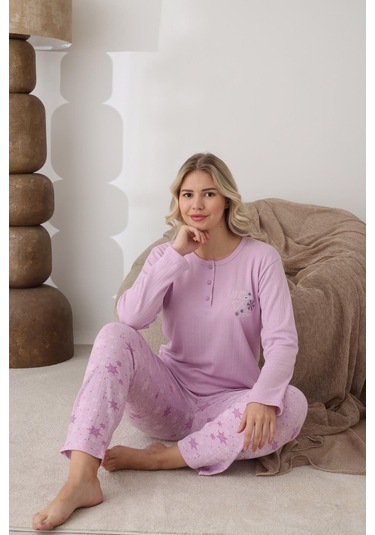 Lindros Kadın Pamuk'lu Düğme Yaka Raporlu İnterlok Kışlık Pijama Takımı 05163 - 1 Adet Gül Kurusu
