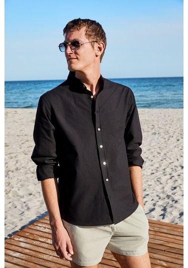 JEZER Erkek Hakim Yaka Uzun Kollu %100 Pamuk Regular Fit Siyah Gömlek