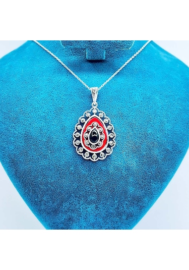 Damla Model Mine Ve Oltu Taşı İşçilikli 925 Ayar Gümüş Kolye Kırmızı