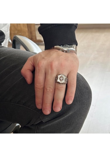 Gerçek Doğal İnci Taş Yüzük, Vintage Erkek Yüzüğü, 925 Ayar Katı Gümüş Yüzük Özel Yapım Gümüş