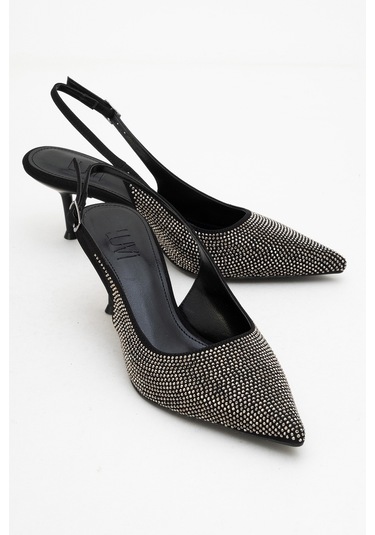 Novs Siyah Taşlı Kadın İnce Topuklu Abiye Ayakkabı Siyah - Taş