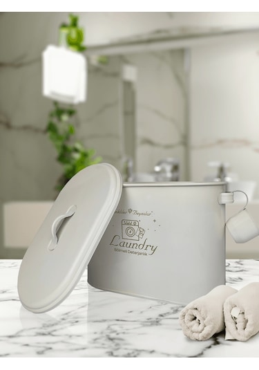 Bölmeli Metal Kapaklı Ölçekli Deterjanlık, Toz Deterjanlık Saklama, Banyo Düzenleyici, Laundry Baskılı Ln1258 - Krem Bej